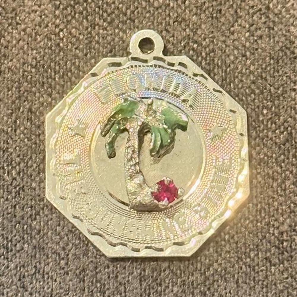 Sterling Silver "Florida The Sunshine State" Pendant Charm W/ Red Gemstone